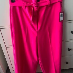 Bright Pink High-Waisted Belted Cropped Pants